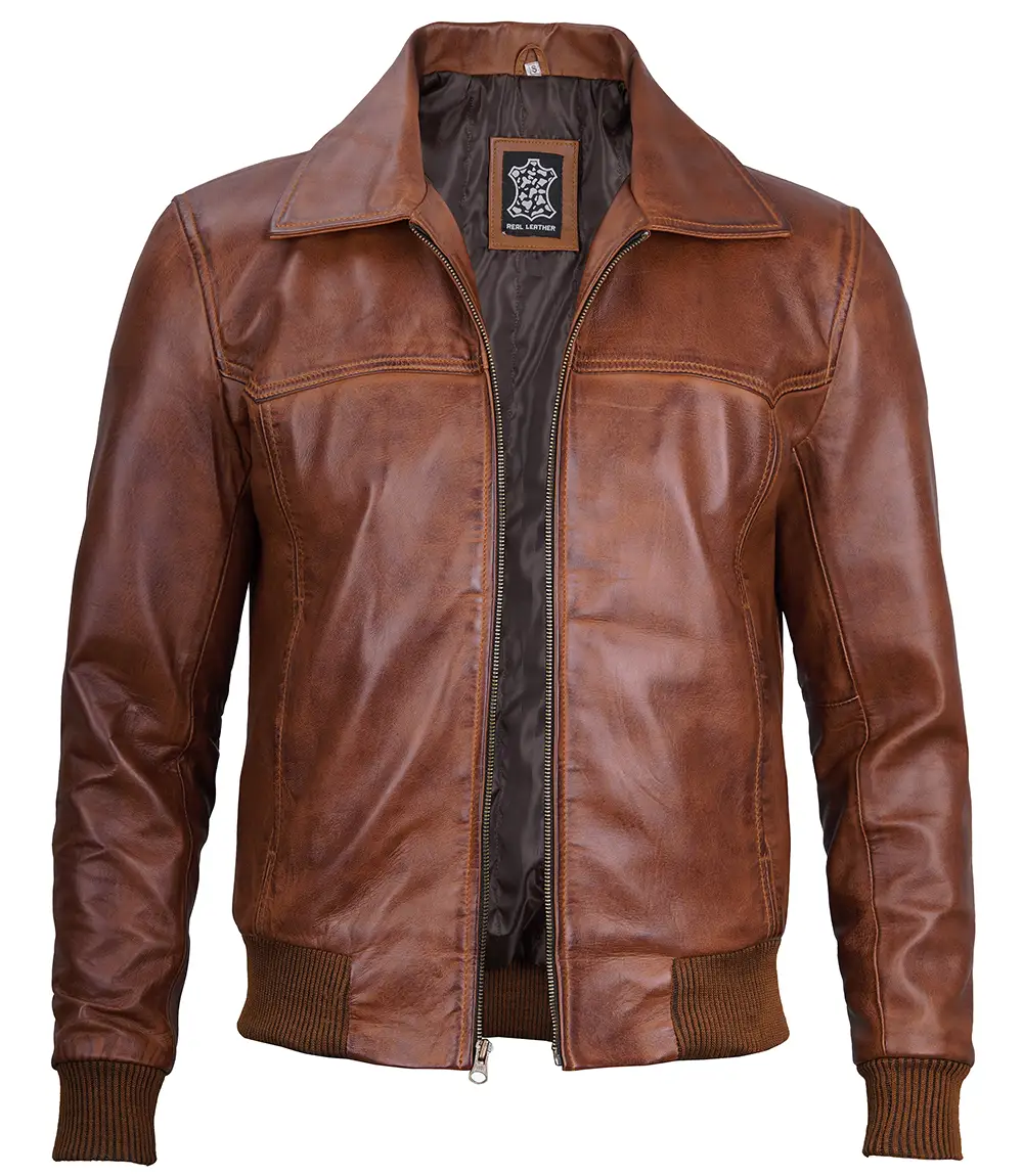 Men's Distressed Brown Harrington Leather Bomber Jacket