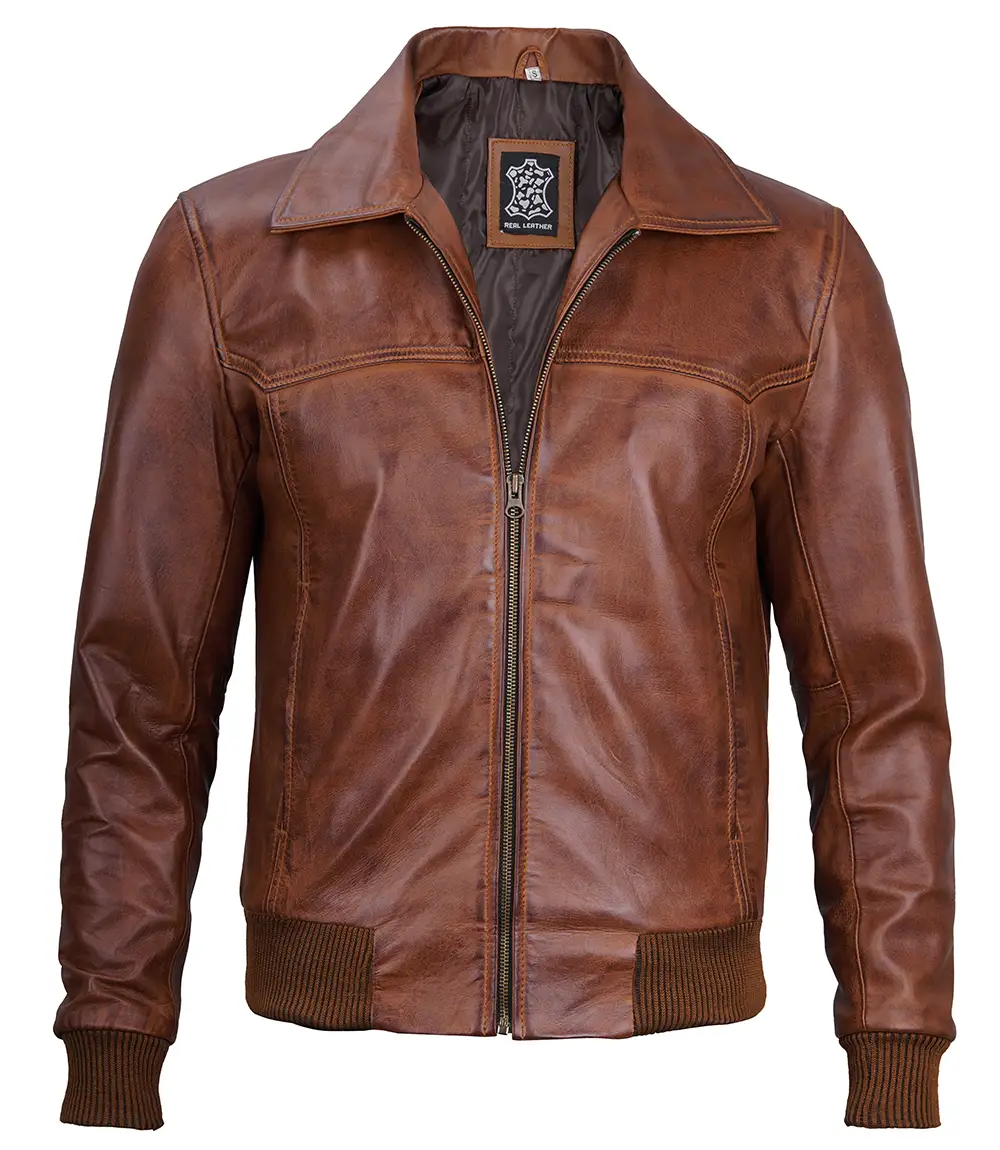 Men's Distressed Brown Harrington Leather Bomber Jacket