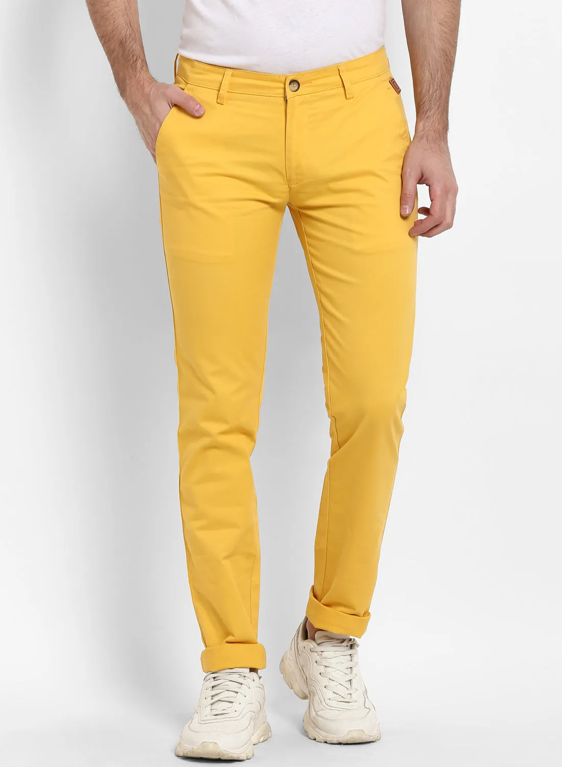 Men's Yellow Cotton Slim Fit Casual Chinos Trousers Stretch