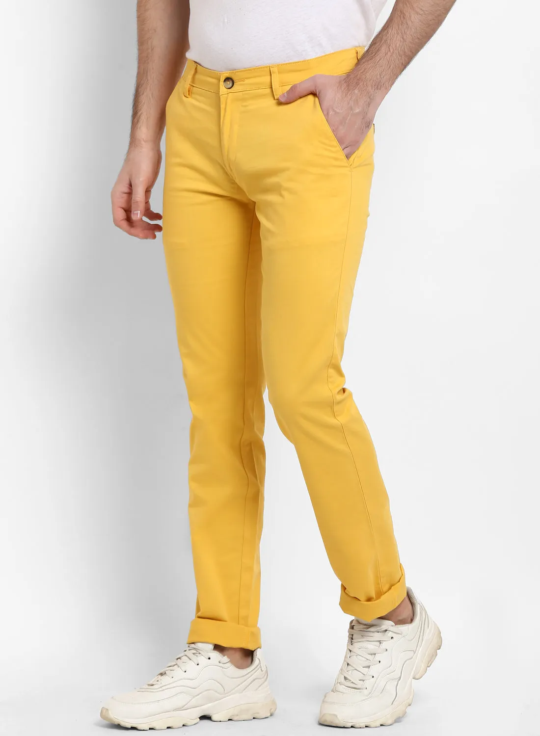 Men's Yellow Cotton Slim Fit Casual Chinos Trousers Stretch