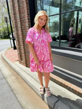 Paisley Pink Split Neck Faux Button Balloon Sleeve Dress - Dance-worthy Fashion