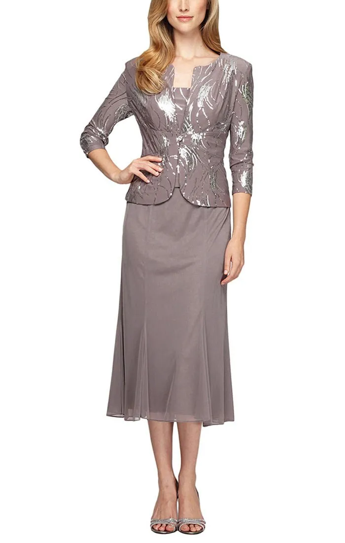 Petite Tea-Length Firework Sequin Jacket Dress with Mesh Godet Detail Skirt