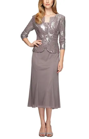 Petite Tea-Length Firework Sequin Jacket Dress with Mesh Godet Detail Skirt