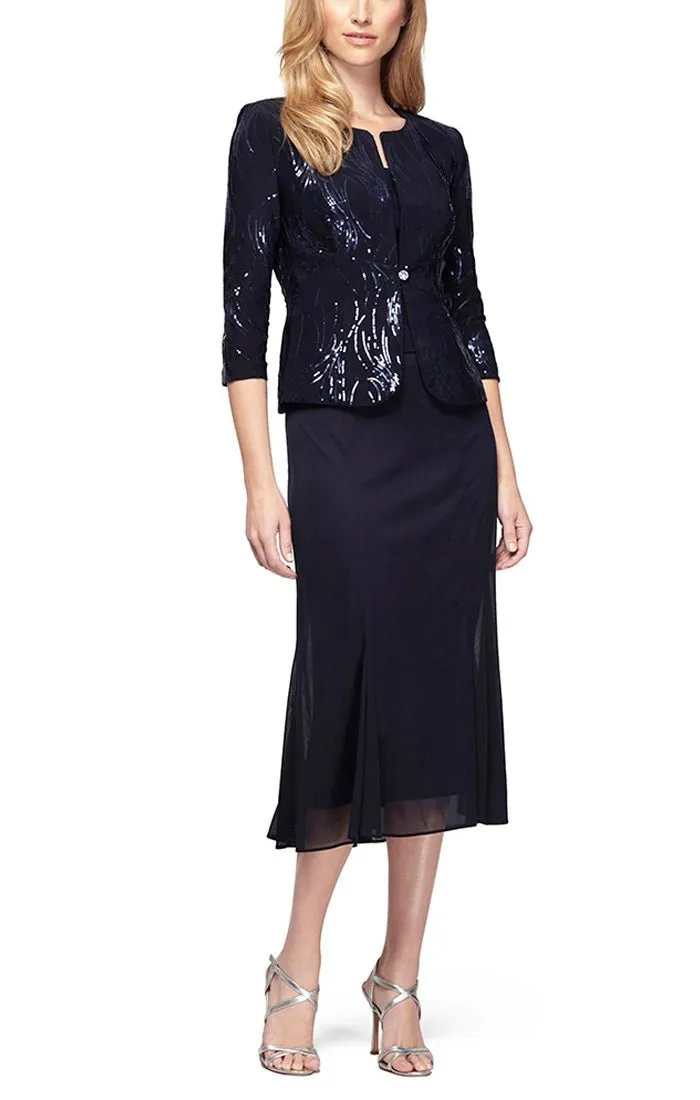 Petite Tea-Length Firework Sequin Jacket Dress with Mesh Godet Detail Skirt