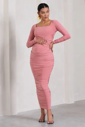 Prissie | Blush Pink Ruched Square-Neck Long-Sleeve Maternity Maxi Dress