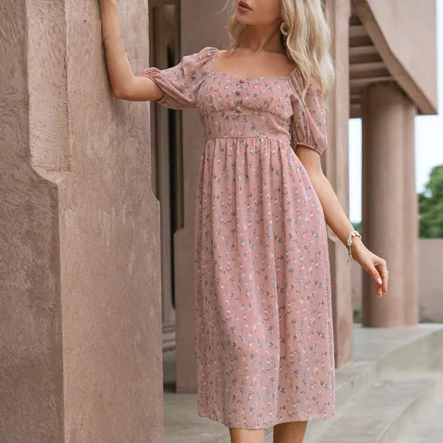 Puff Sleeve Square Neck Floral Print Women's Dress - Summer 2021 Collection - Casual High Waist A-line Maxi Dress - Elegant Fema