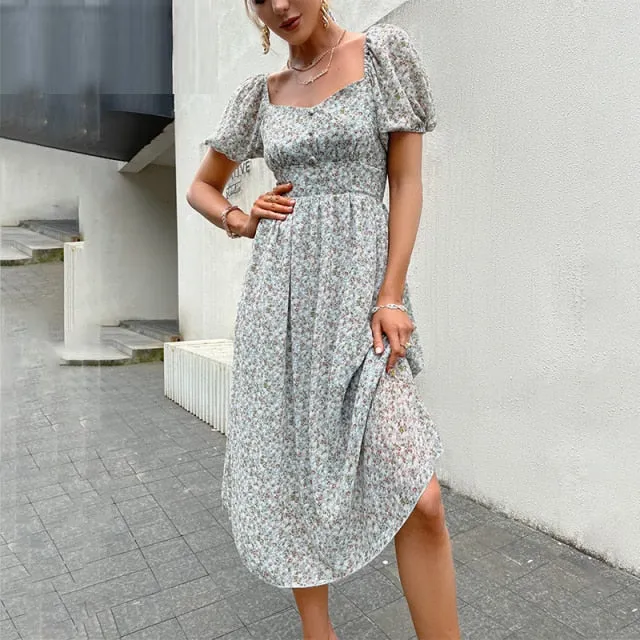 Puff Sleeve Square Neck Floral Print Women's Dress - Summer 2021 Collection - Casual High Waist A-line Maxi Dress - Elegant Fema