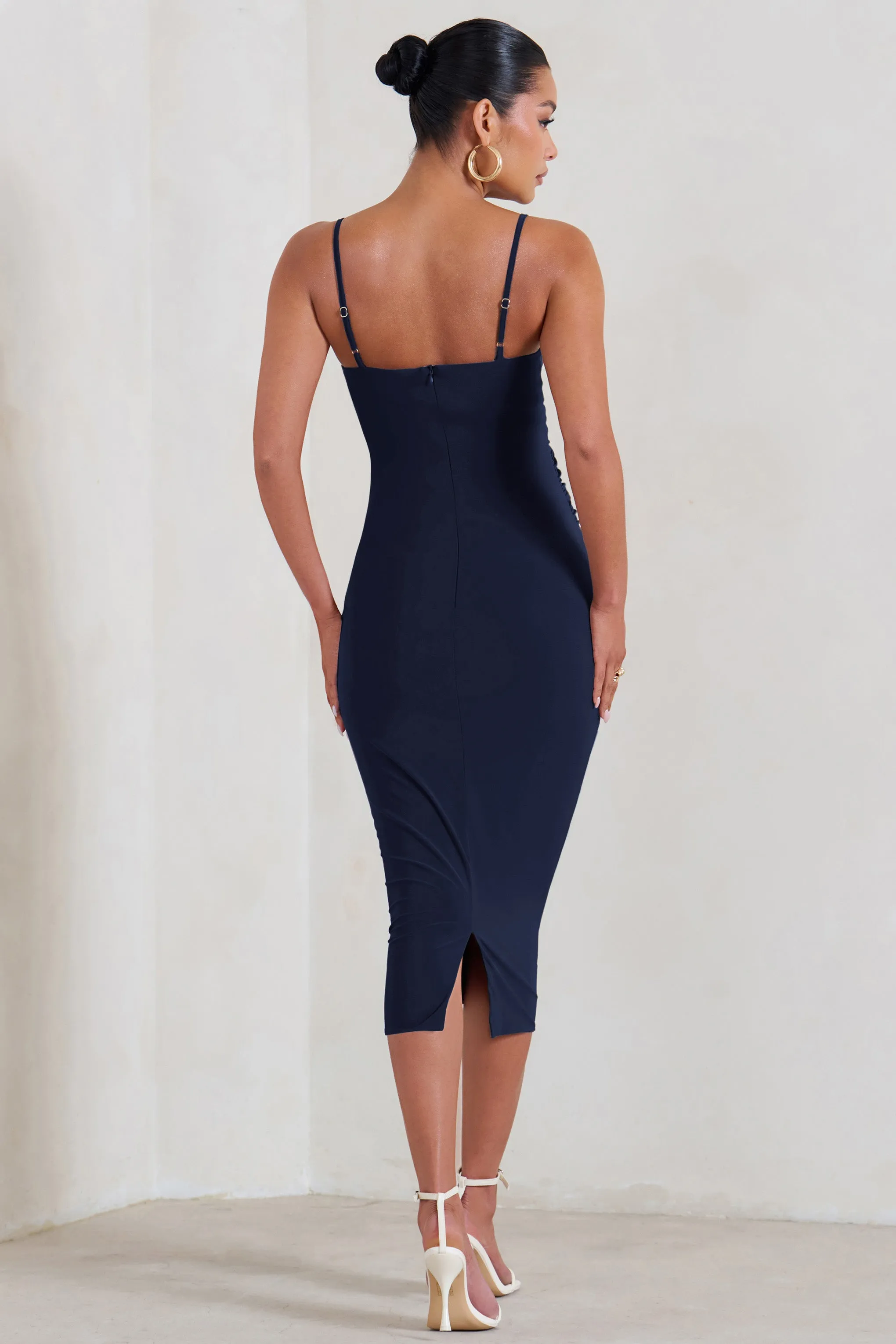 Raquel | Navy Maternity Cami Midi Dress With Split