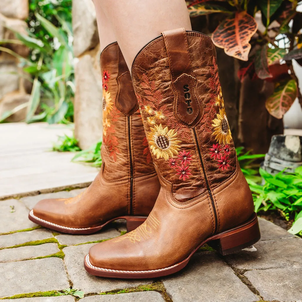 Soto Boots Women's Sunflower Embroidery Square Toe Cowgirl Boots M9005