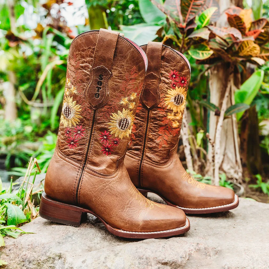 Soto Boots Women's Sunflower Embroidery Square Toe Cowgirl Boots M9005