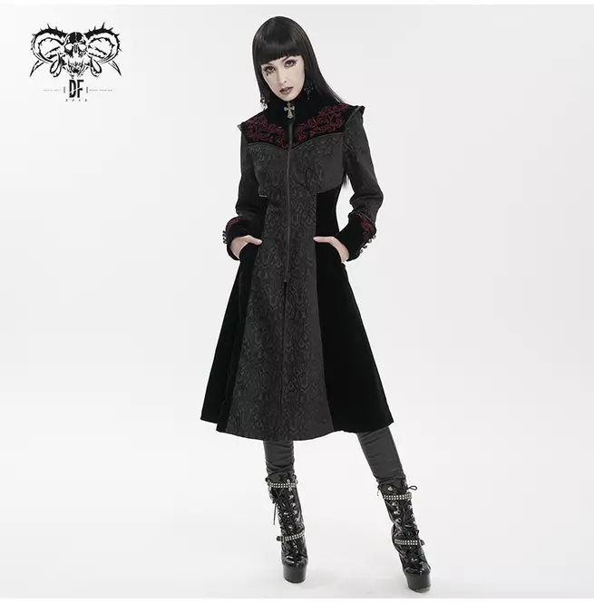 Steampunk Long Jacquard Embroidered Cross Zipper Coat