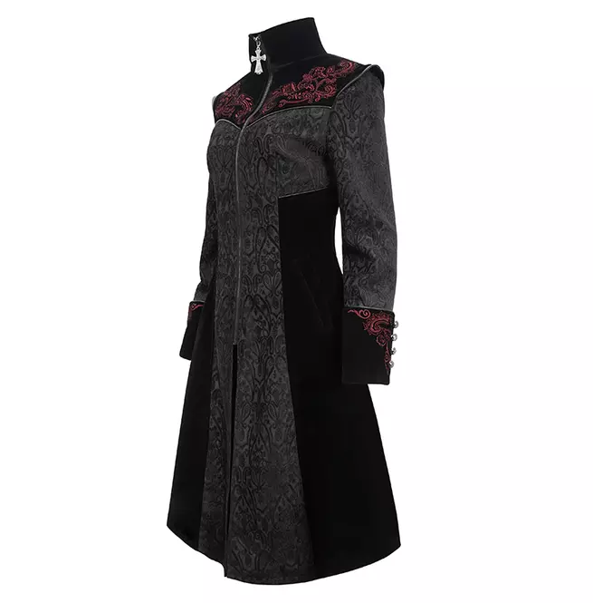 Steampunk Long Jacquard Embroidered Cross Zipper Coat