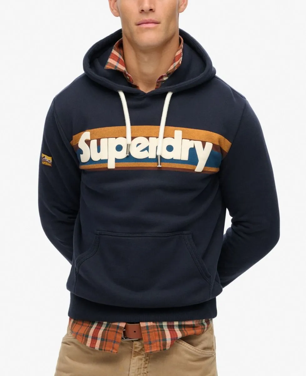 Superdry Retro Stripe Logo Overhead Hooded Sweatshirts Eclipse Navy