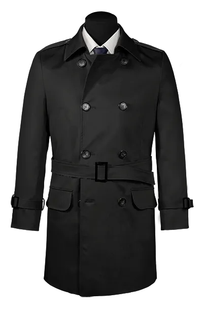  Trench coat negro con cinturón y cintilla en los hombros