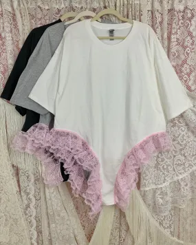 upcycled lace negligee tee, pink color