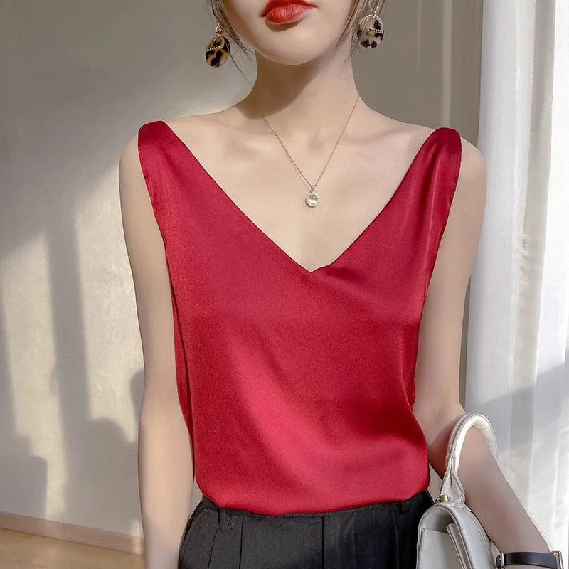 V-Neck Silk Satin Camisole - Ice Silk Material