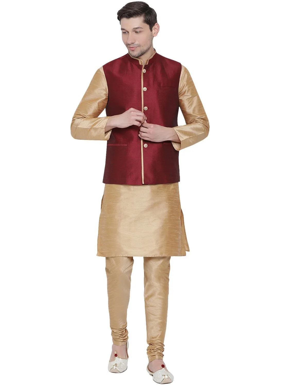 VASTRAMAY Men's Gold Cotton Silk Blend Kurta, Ethnic Jacket and Pyjama Set