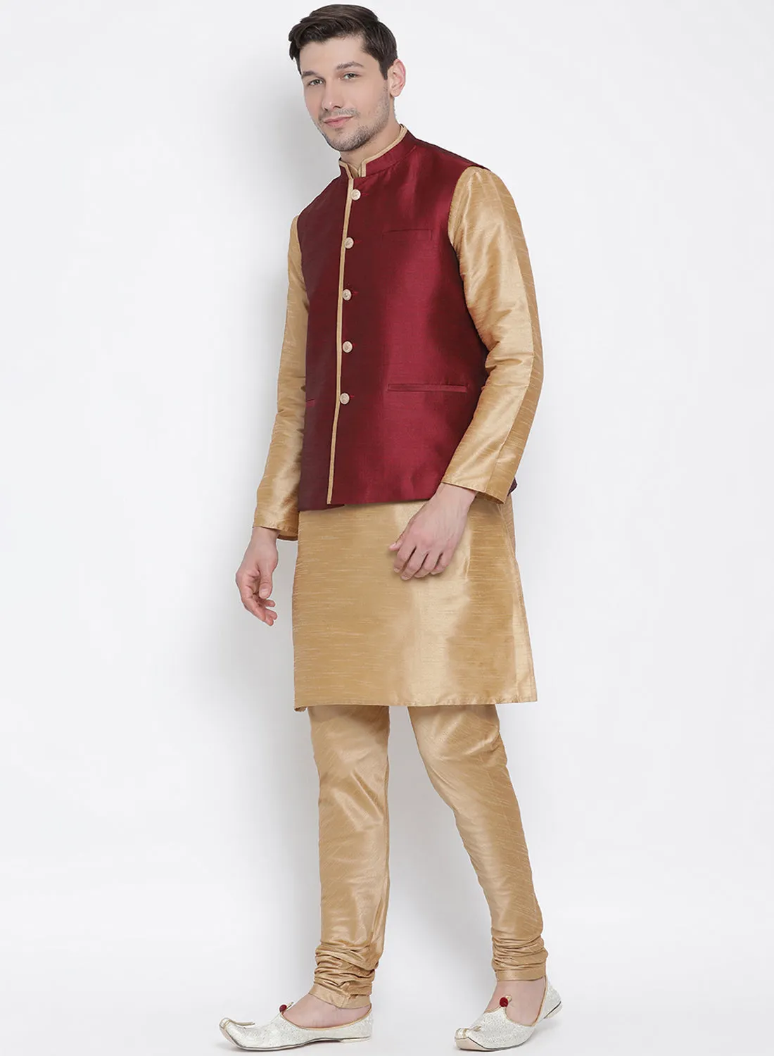 VASTRAMAY Men's Gold Cotton Silk Blend Kurta, Ethnic Jacket and Pyjama Set