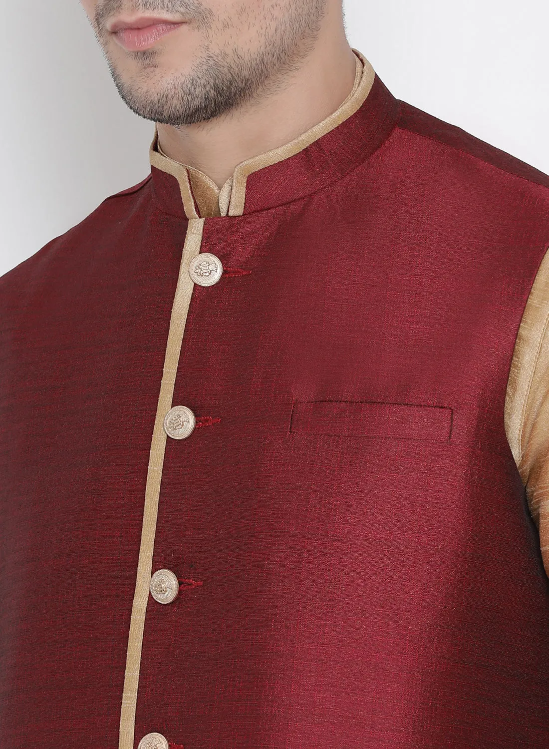 VASTRAMAY Men's Gold Cotton Silk Blend Kurta, Ethnic Jacket and Pyjama Set