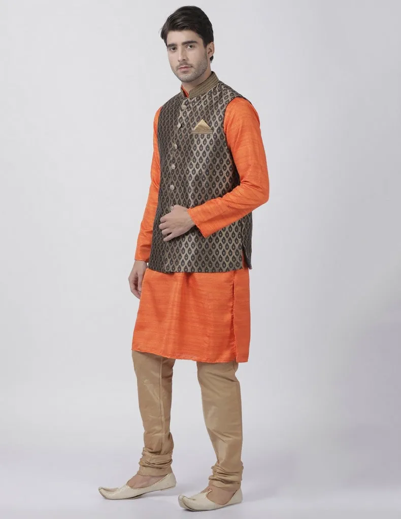 VASTRAMAY Men's Orange Cotton Silk Blend Kurta, Ethnic Jacket and Pyjama Set