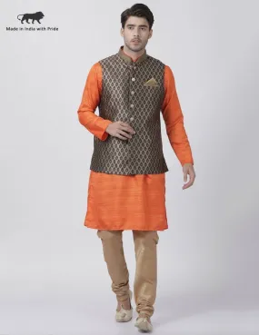 VASTRAMAY Men's Orange Cotton Silk Blend Kurta, Ethnic Jacket and Pyjama Set