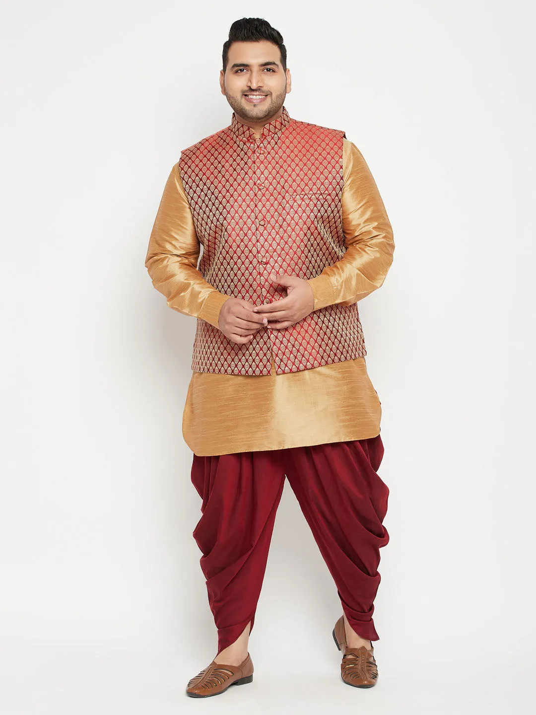 VASTRAMAY Men's Plus Size Rose Gold and Maroon Silk Blend Jacket Kurta Dhoti Pant Set