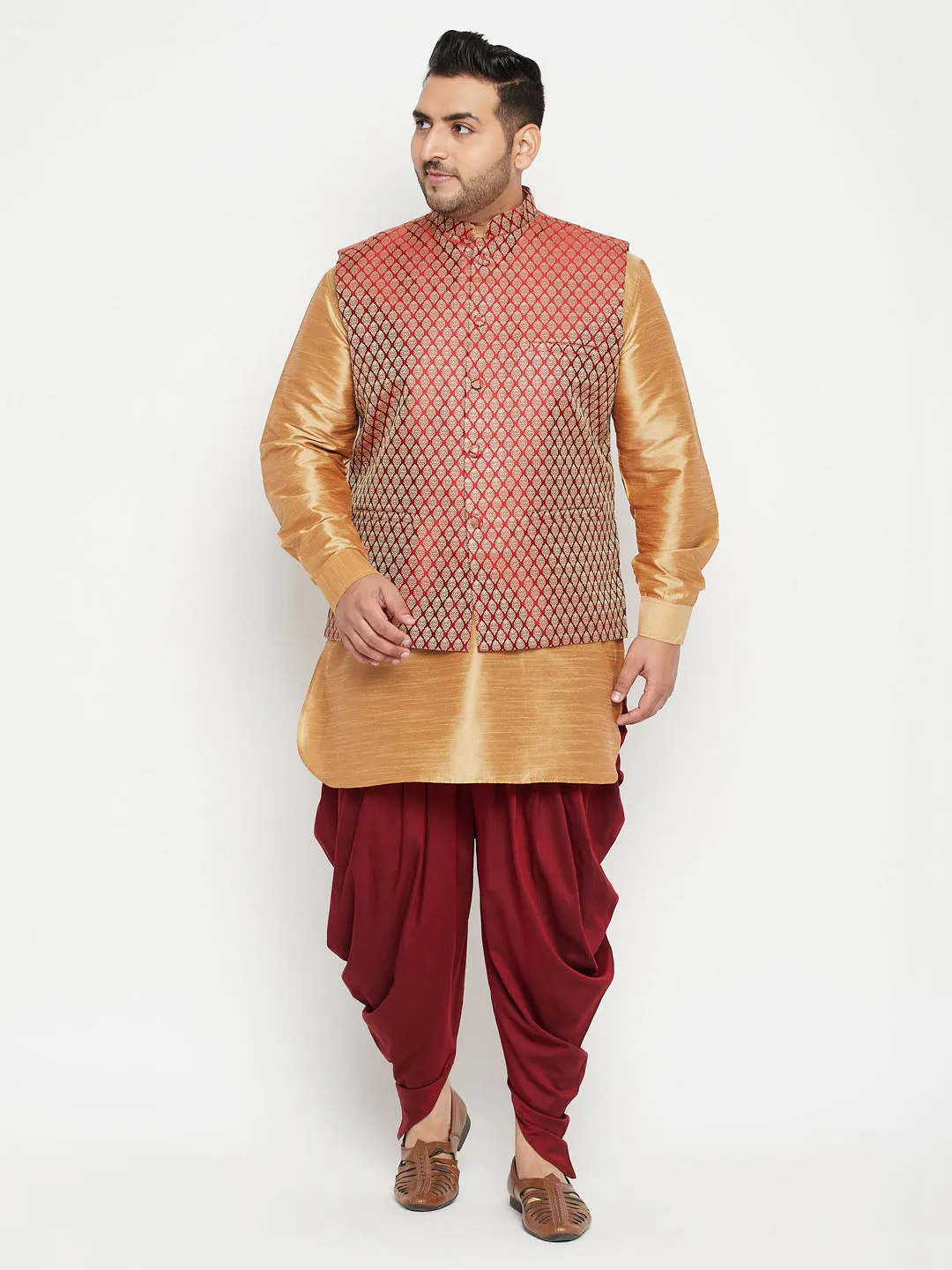 VASTRAMAY Men's Plus Size Rose Gold and Maroon Silk Blend Jacket Kurta Dhoti Pant Set