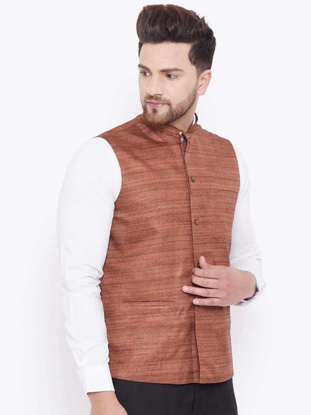 VM BY VASTRAMAY Men's Coffee Brown Silk Blend Nehru Jacket