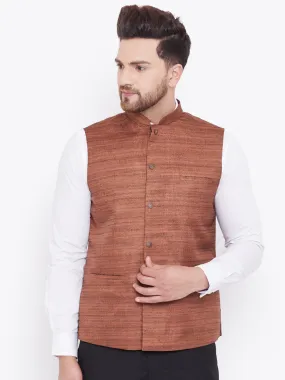 VM BY VASTRAMAY Men's Coffee Brown Silk Blend Nehru Jacket