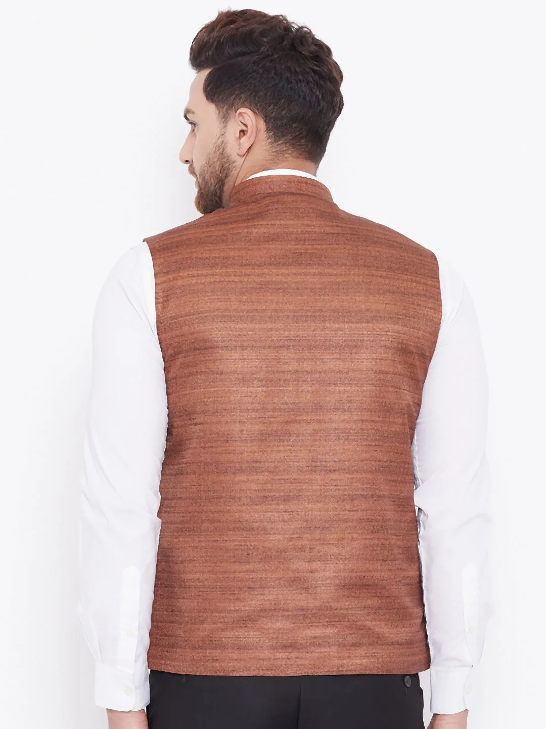 VM BY VASTRAMAY Men's Coffee Brown Silk Blend Nehru Jacket