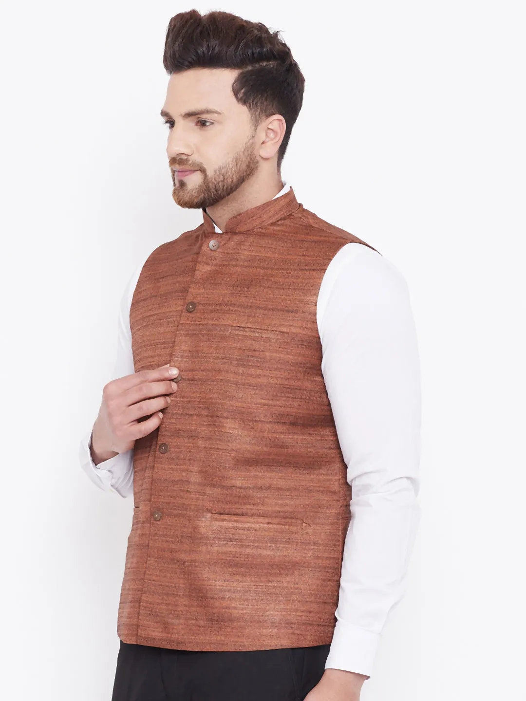 VM BY VASTRAMAY Men's Coffee Brown Silk Blend Nehru Jacket