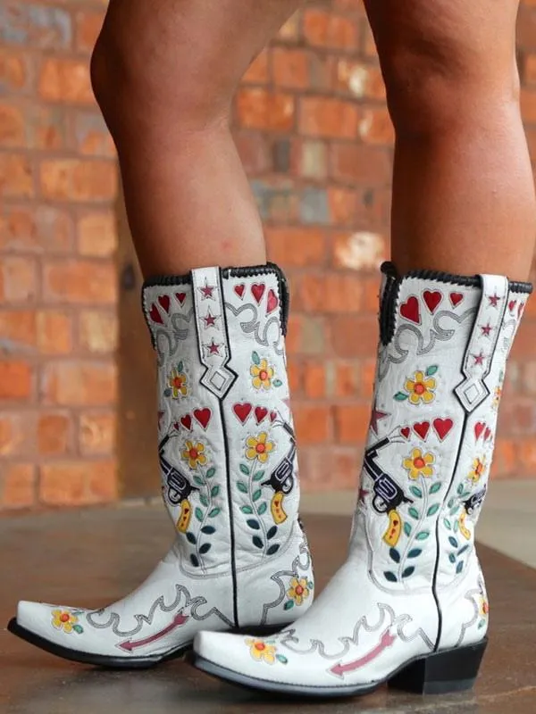 White Cowboy Boots Women Pointed Toe Flowers Embroidered Western Boots