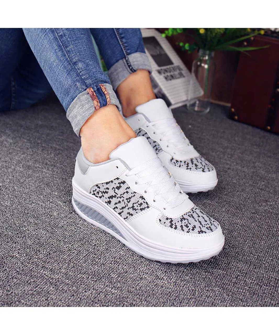 White texture pattern rocker bottom shoe sneaker