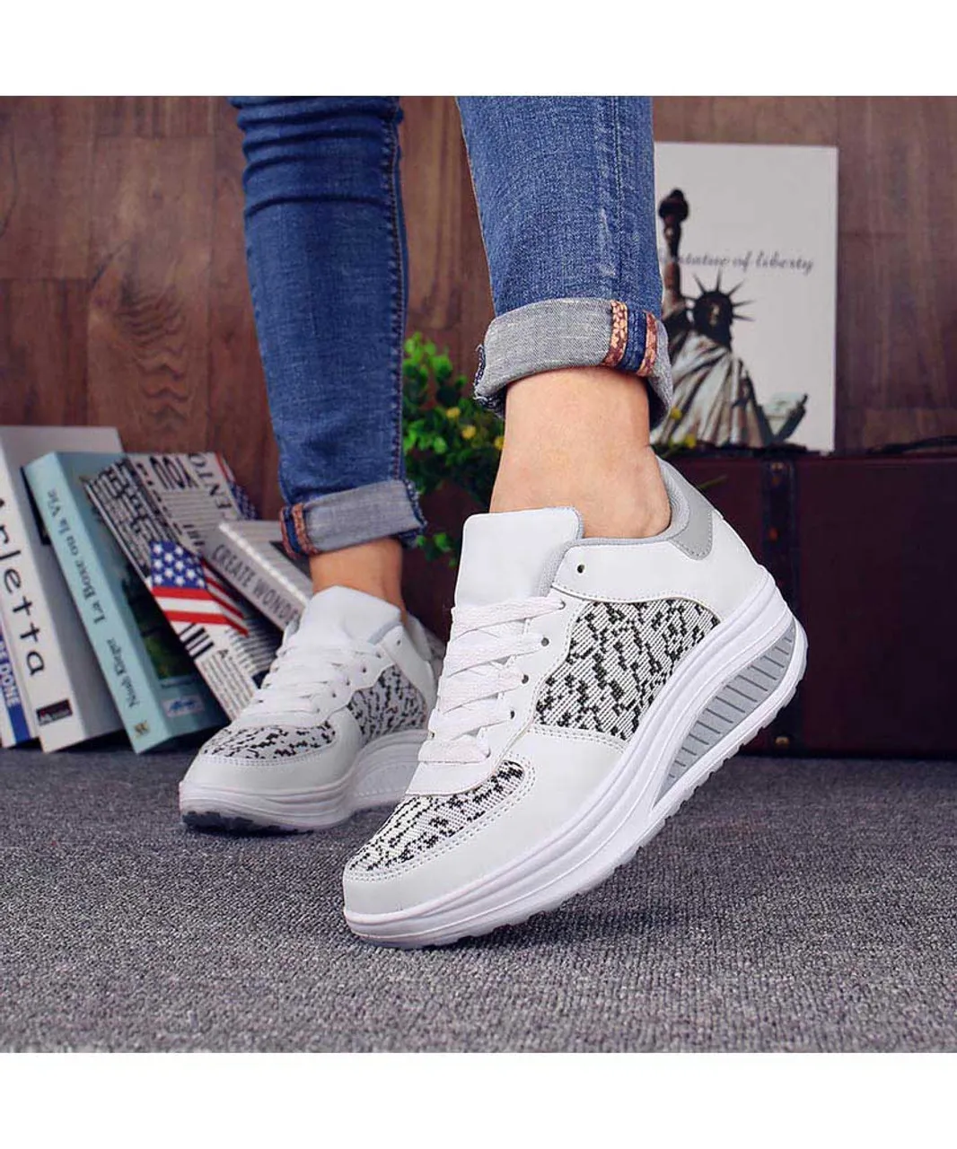 White texture pattern rocker bottom shoe sneaker