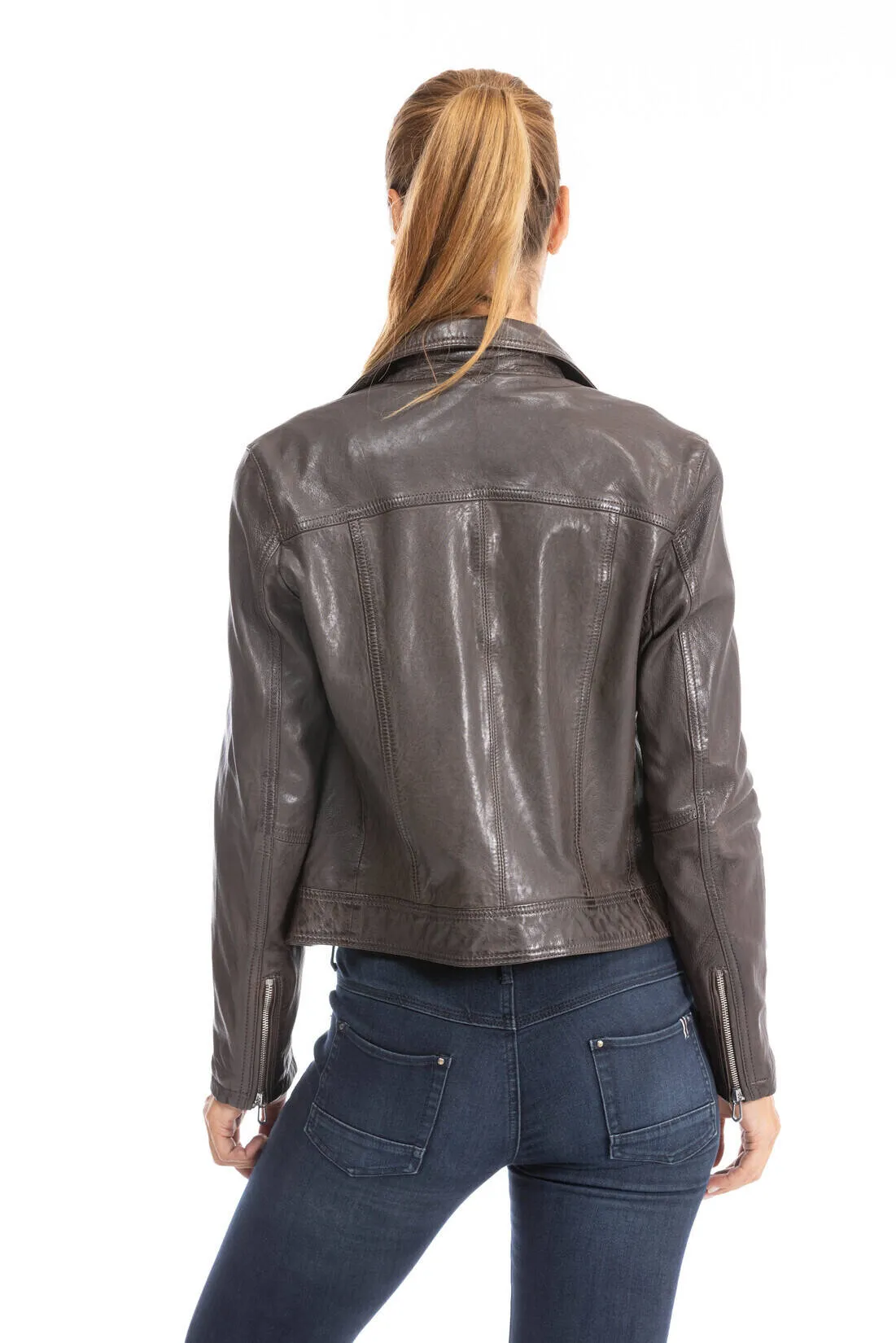 Woman leather jacket biker lamb red brown panila