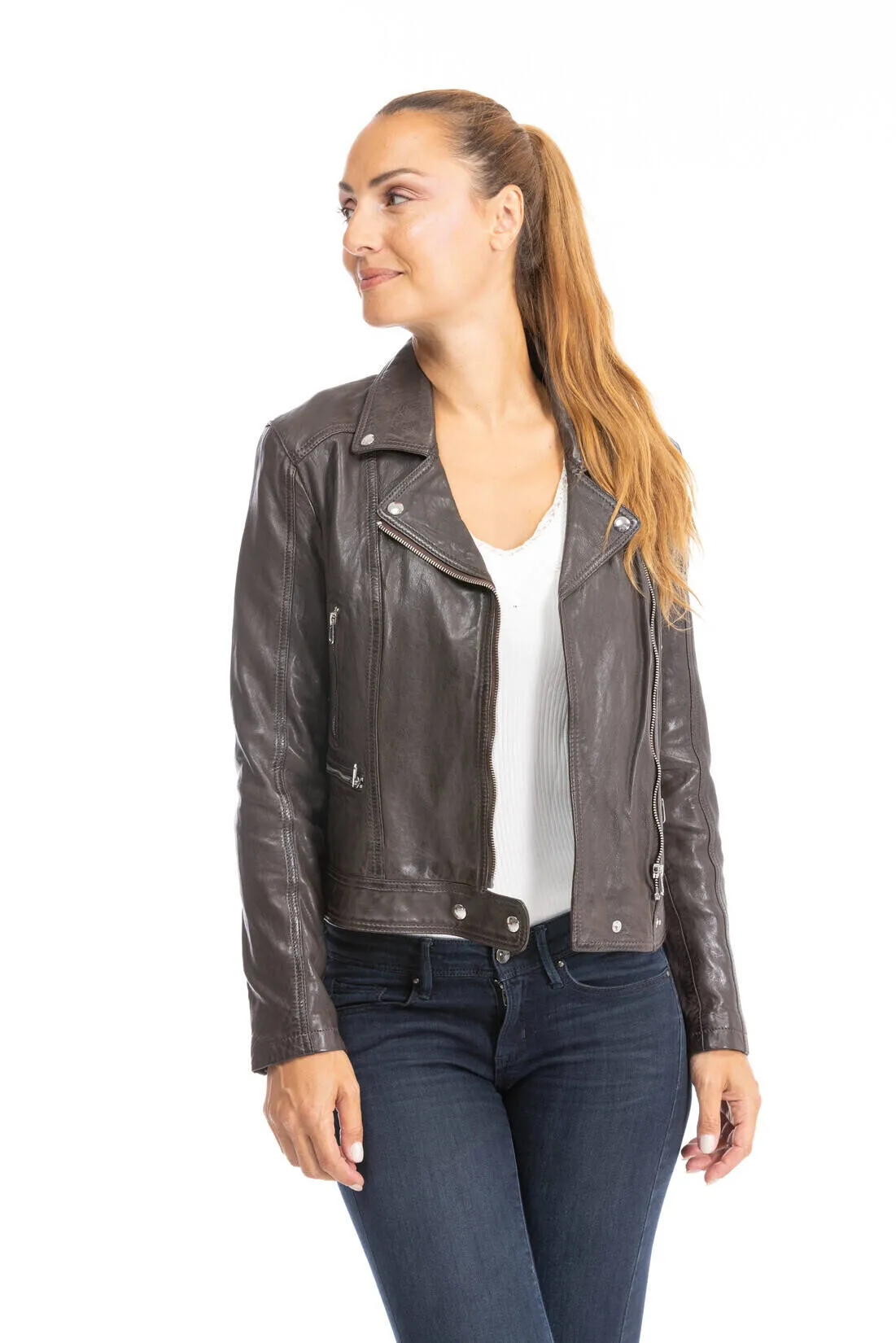 Woman leather jacket biker lamb red brown panila