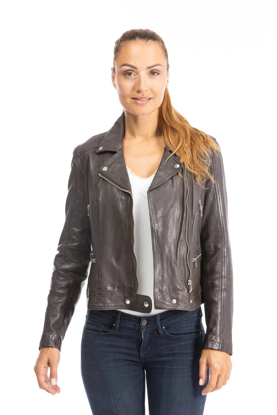 Woman leather jacket biker lamb red brown panila