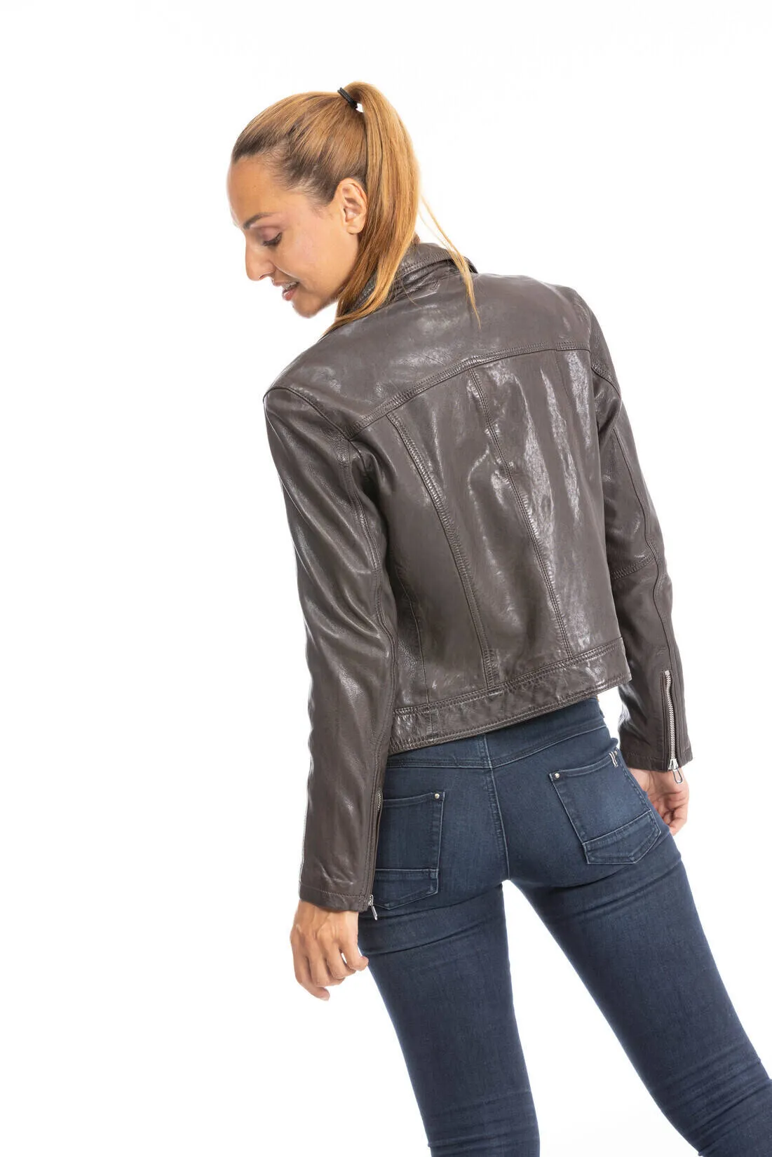 Woman leather jacket biker lamb red brown panila