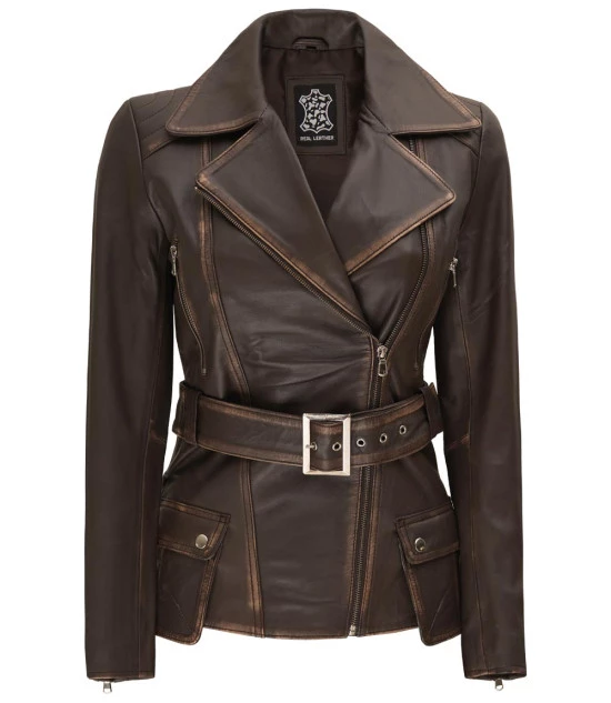 Women's Asymmetrical Distressed Brown  Belted Leather Jacket