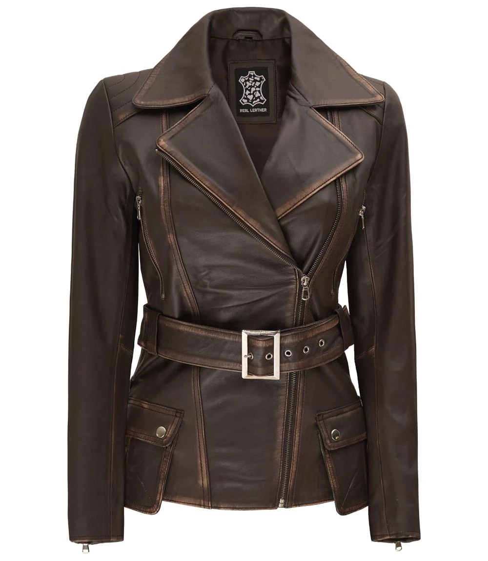 Women's Asymmetrical Distressed Brown  Belted Leather Jacket