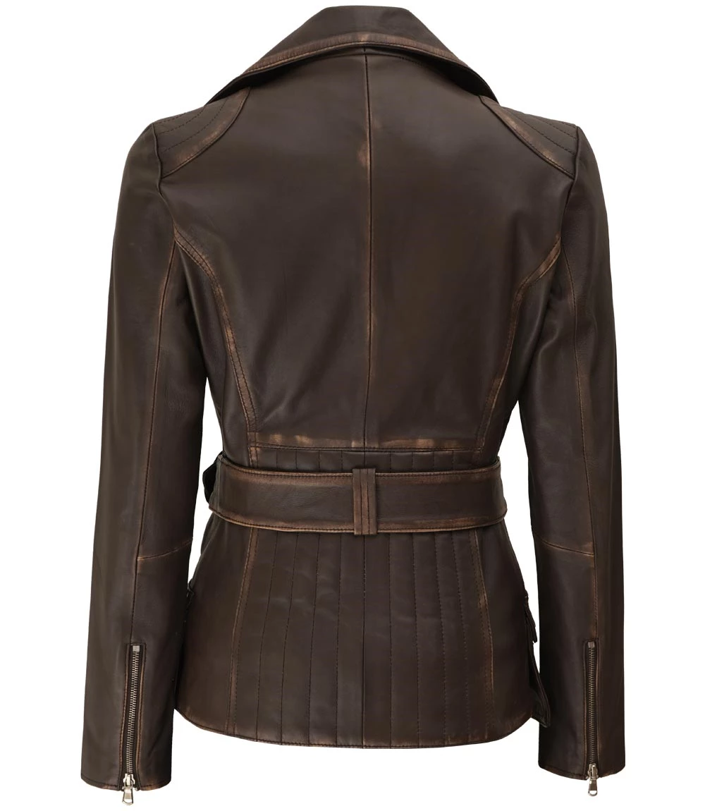 Women's Asymmetrical Distressed Brown  Belted Leather Jacket