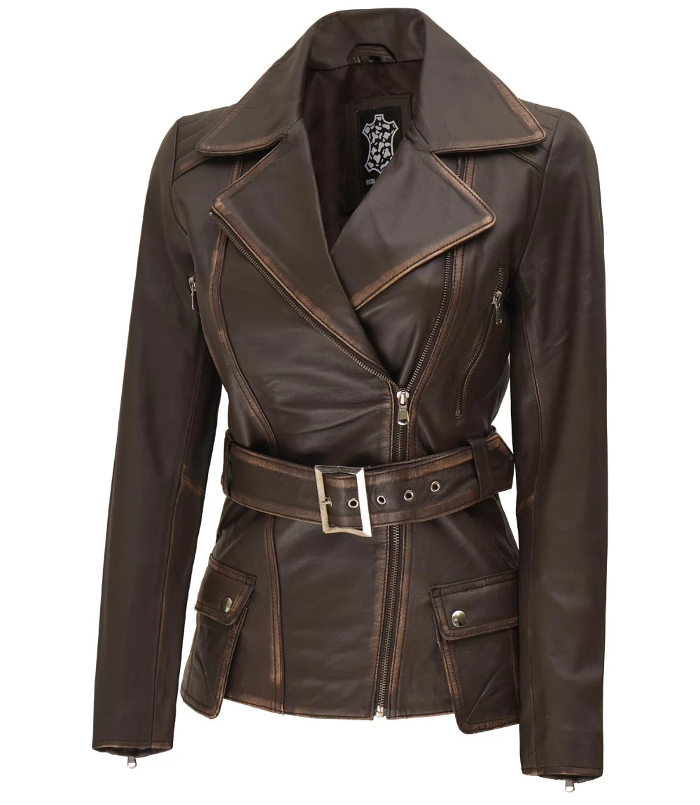 Women's Asymmetrical Distressed Brown  Belted Leather Jacket