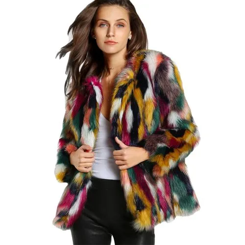 Women's Fashion Multicolor Patchwork Coat Faux Fur Coat