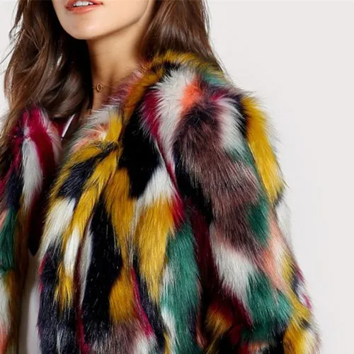 Women's Fashion Multicolor Patchwork Coat Faux Fur Coat