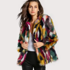 Women's Fashion Multicolor Patchwork Coat Faux Fur Coat