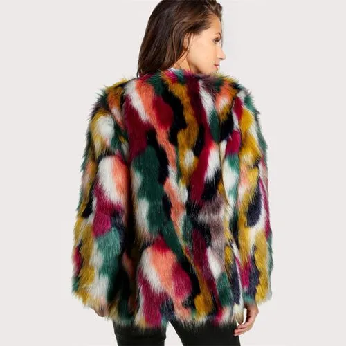 Women's Fashion Multicolor Patchwork Coat Faux Fur Coat