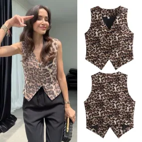 Women's Vest Sleeveless Tank Tops Button Streetwear Leopard