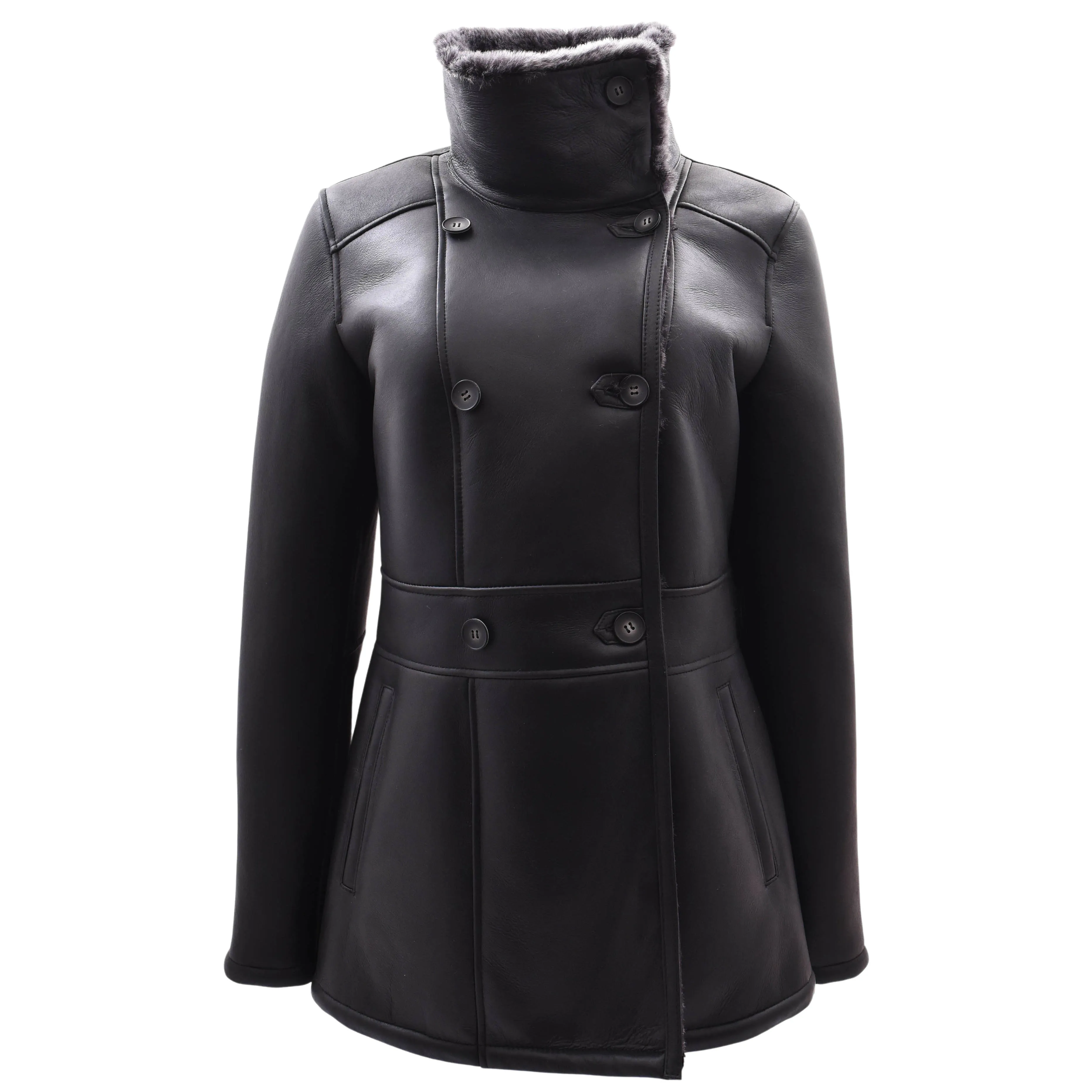 Womens Sheepskin Black Brisa Double Breasted Coat Bonnie