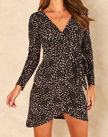 Wrap Animal Floral Printed Dress - Short Length with Belt